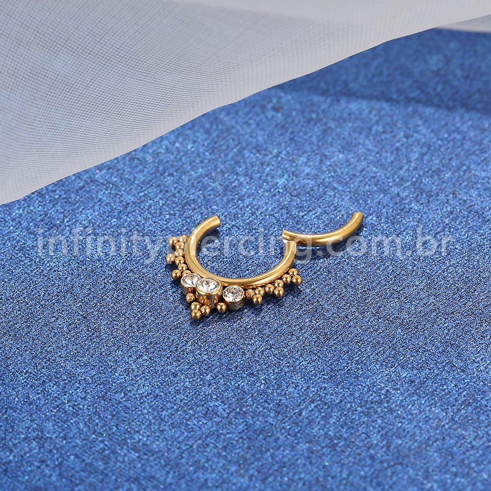 Piercing Argola Aço cirúrgico Segmento Articulado 3 Pedras Zircônia