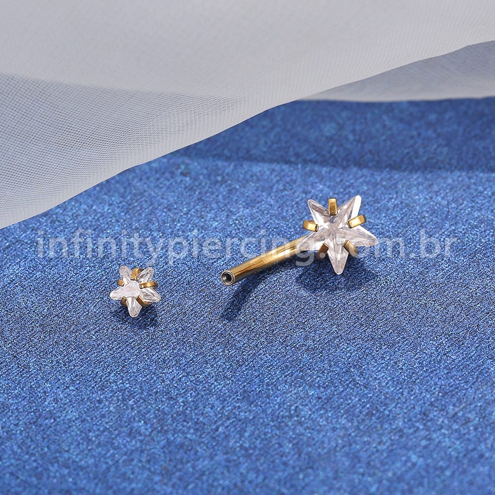 Piercing Aço Cirúrgico Banana 2 Pedras Zircônia Cravejada Estrela