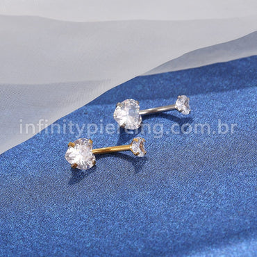 Piercing Aço Cirúrgico Banana 2 Pedras Zircônia Cravejada Coração