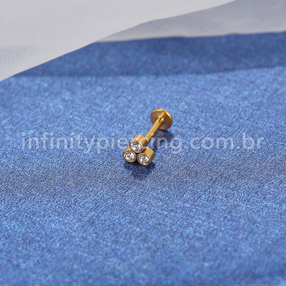 Piercing Labret Aço Cirúrgico 3 Pedras Zircônia