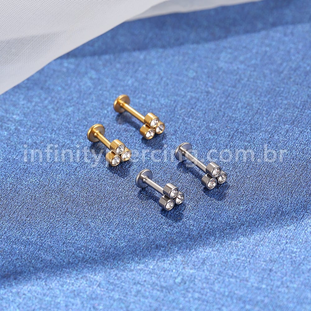 Piercing Labret Aço Cirúrgico 3 Pedras Zircônia
