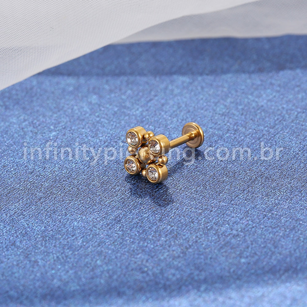 Piercing Labret Aço Cirúrgico 4 Pedras Zircônia Cravada