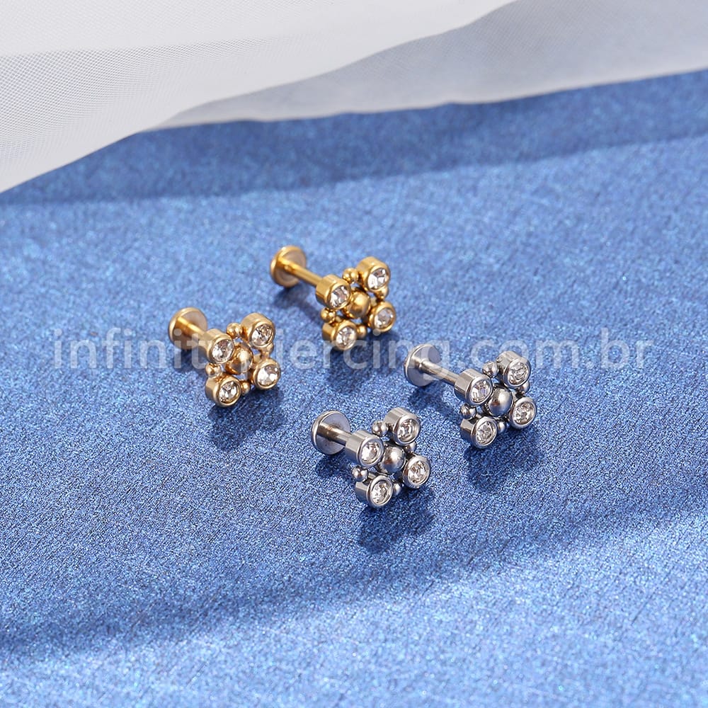 Piercing Labret Aço Cirúrgico 4 Pedras Zircônia Cravada