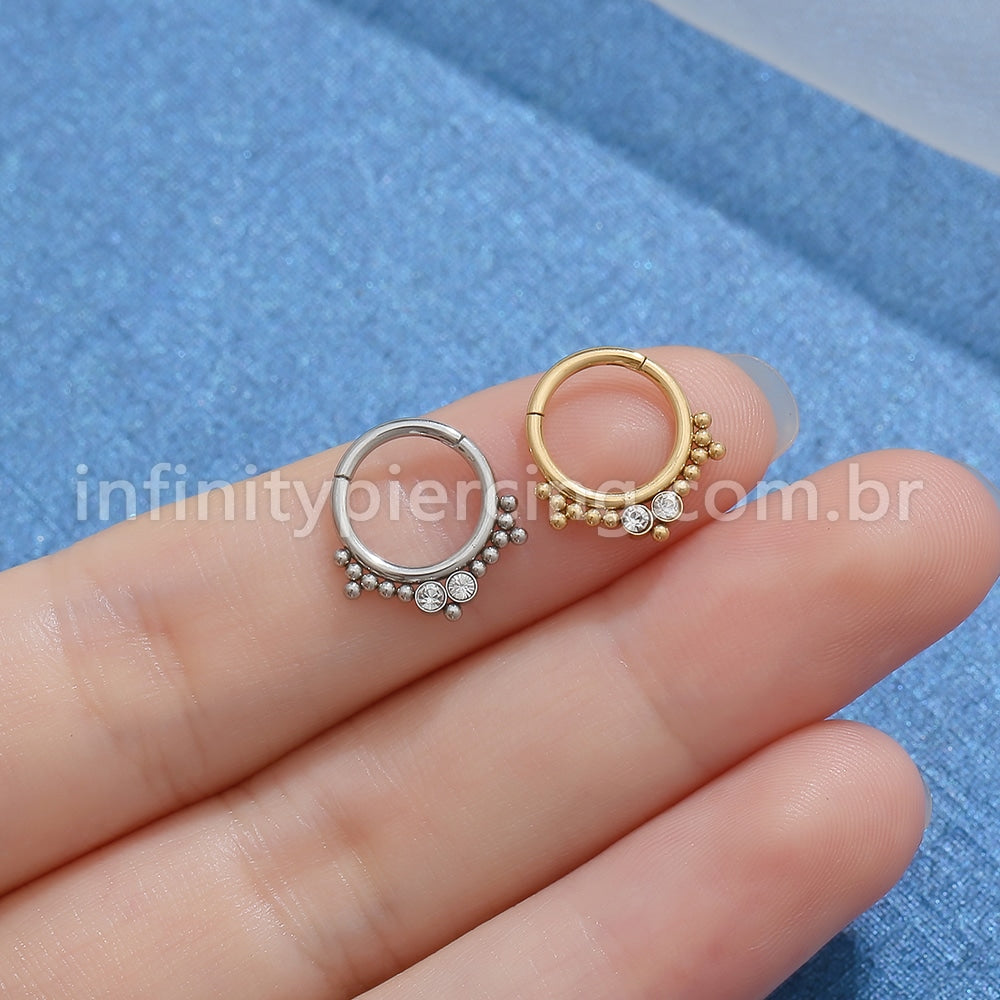 Piercing Argola Aço Cirúrgico Segmento Articulado 2 Pedras Zircônia