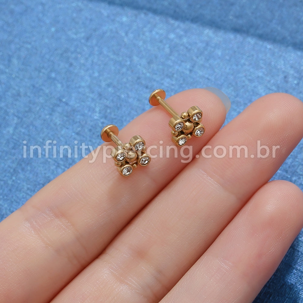 Piercing Labret Aço Cirúrgico 4 Pedras Zircônia Cravada