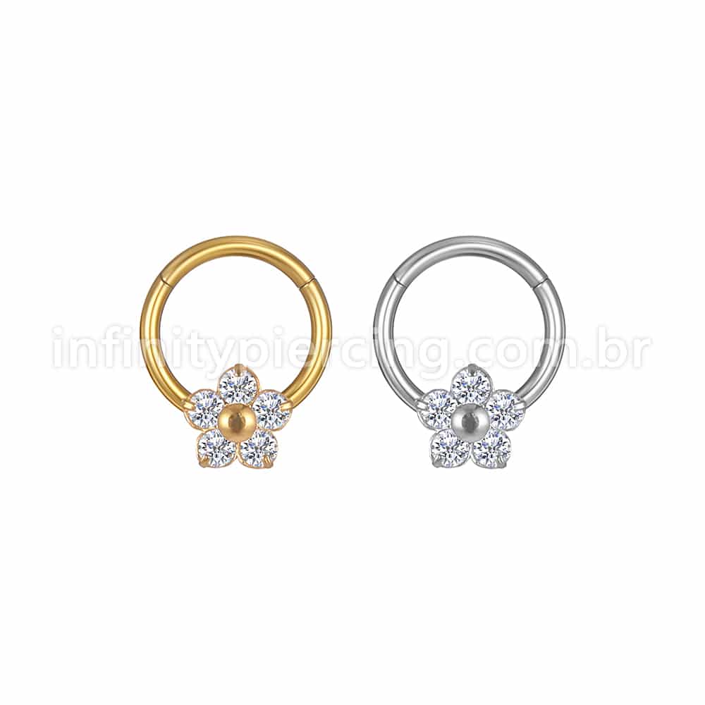 Piercing Argola Aço Cirúrgico Segmento Articulado Flor Zircônia Cravejada