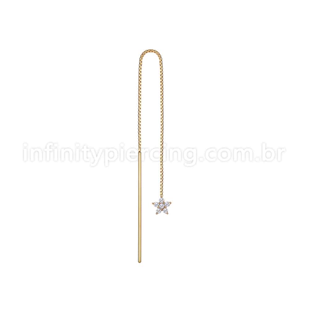 Piercing Palitinho Corrente Aço Cirúrgico Flor 5 Pétalas Zircônia Cravejada