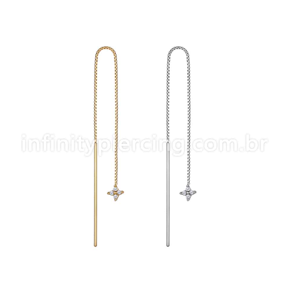 Piercing Palitinho Corrente Aço Cirúrgico Flor 4 Pétalas Zircônia Cravejada
