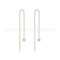 Piercing Palitinho Corrente Aço Cirúrgico Flor 4 Pétalas Zircônia Cravejada