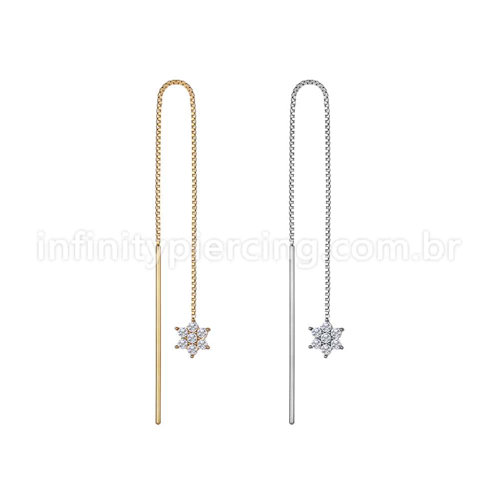 Piercing Palitinho Corrente Aço Cirúrgico Flor 6 Pétalas Zircônia Cravejada