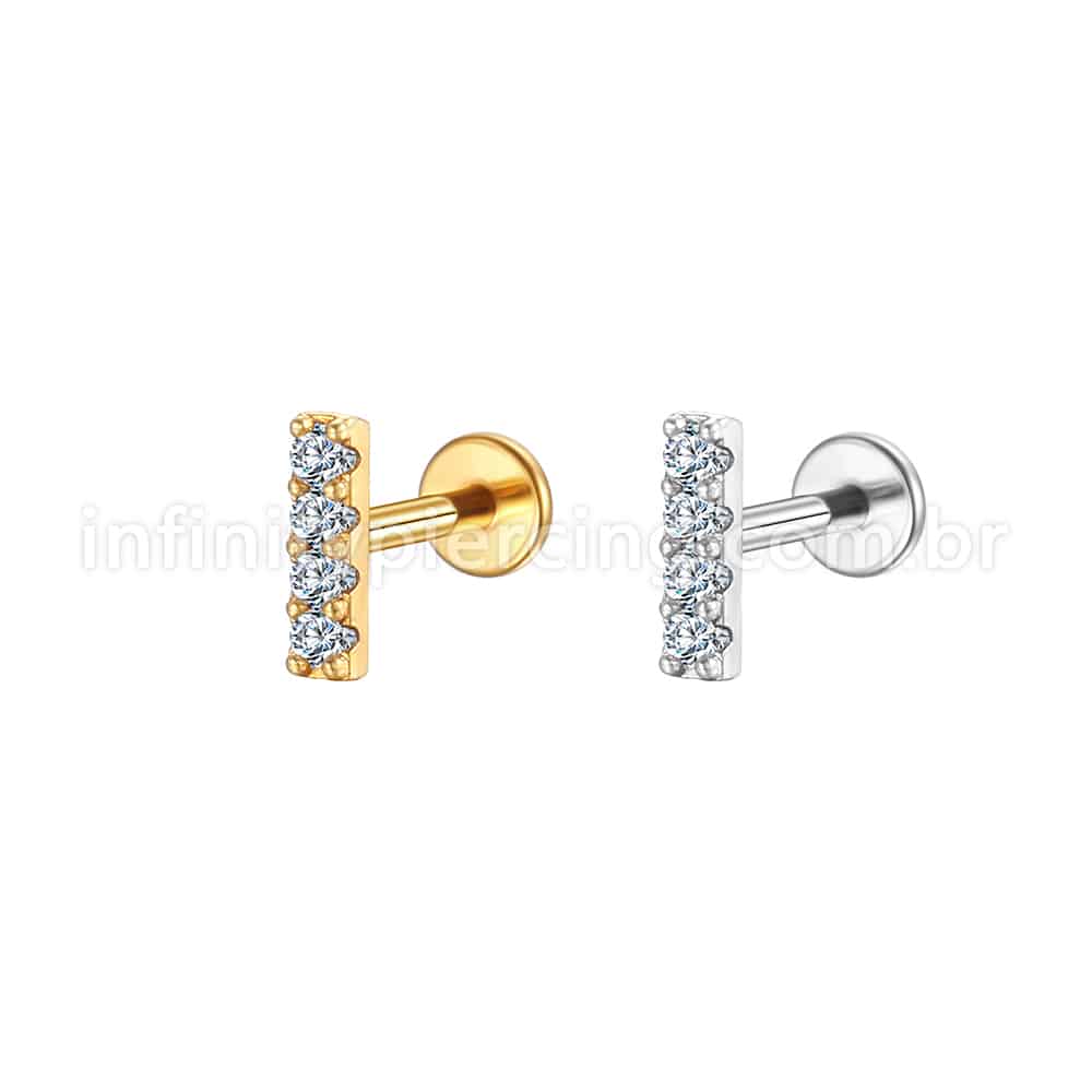 Piercing Labret Aço Cirúrgico Barra 4 Zircônias