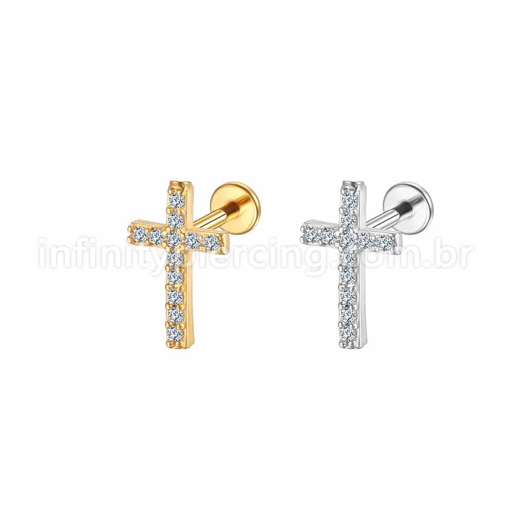 Piercing Labret Aço Cirúrgico Cruz Zircônia Cravejada