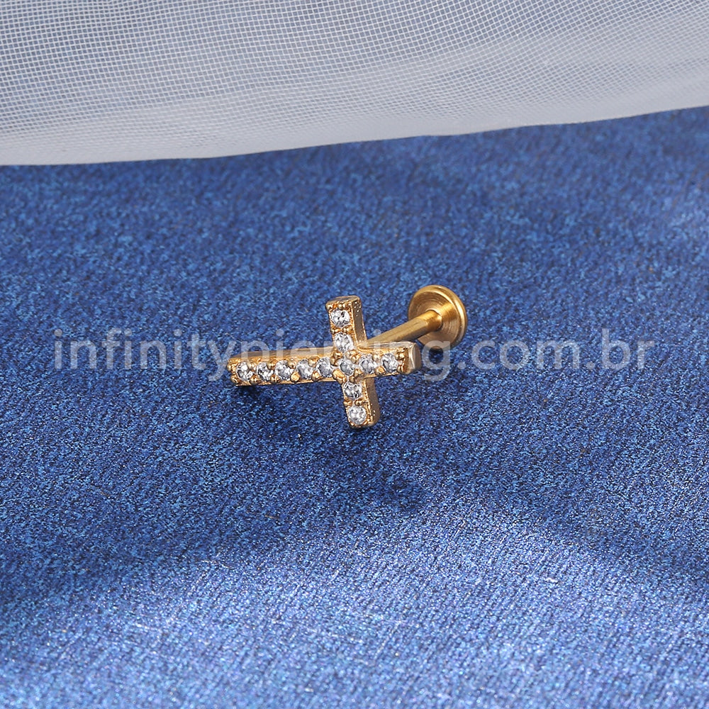 Piercing Labret Aço Cirúrgico Cruz Zircônia Cravejada