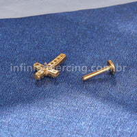Piercing Labret Aço Cirúrgico Cruz Zircônia Cravejada