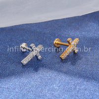 Piercing Labret Aço Cirúrgico Cruz Zircônia Cravejada