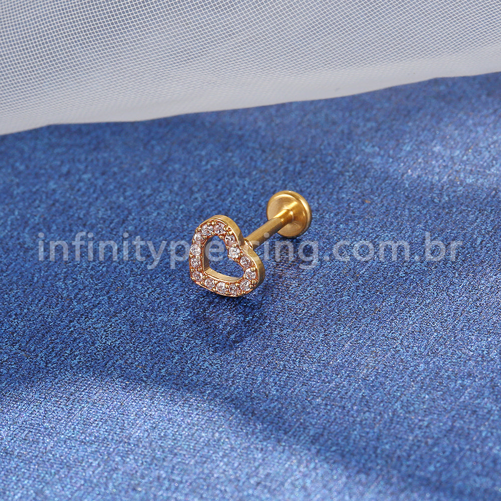 Piercing Labret Titânio Coração Vazado Zircônia Cravejada