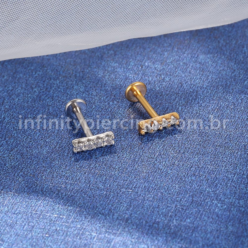 Piercing Labret Aço Cirúrgico Barra 4 Zircônias