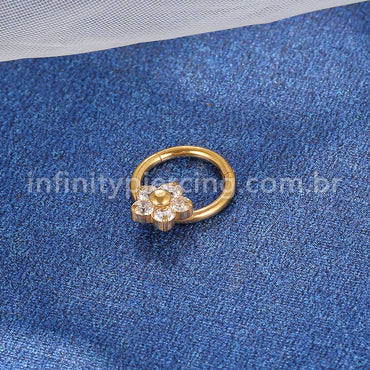 Piercing Argola Aço Cirúrgico Segmento Articulado Flor Zircônia Cravejada