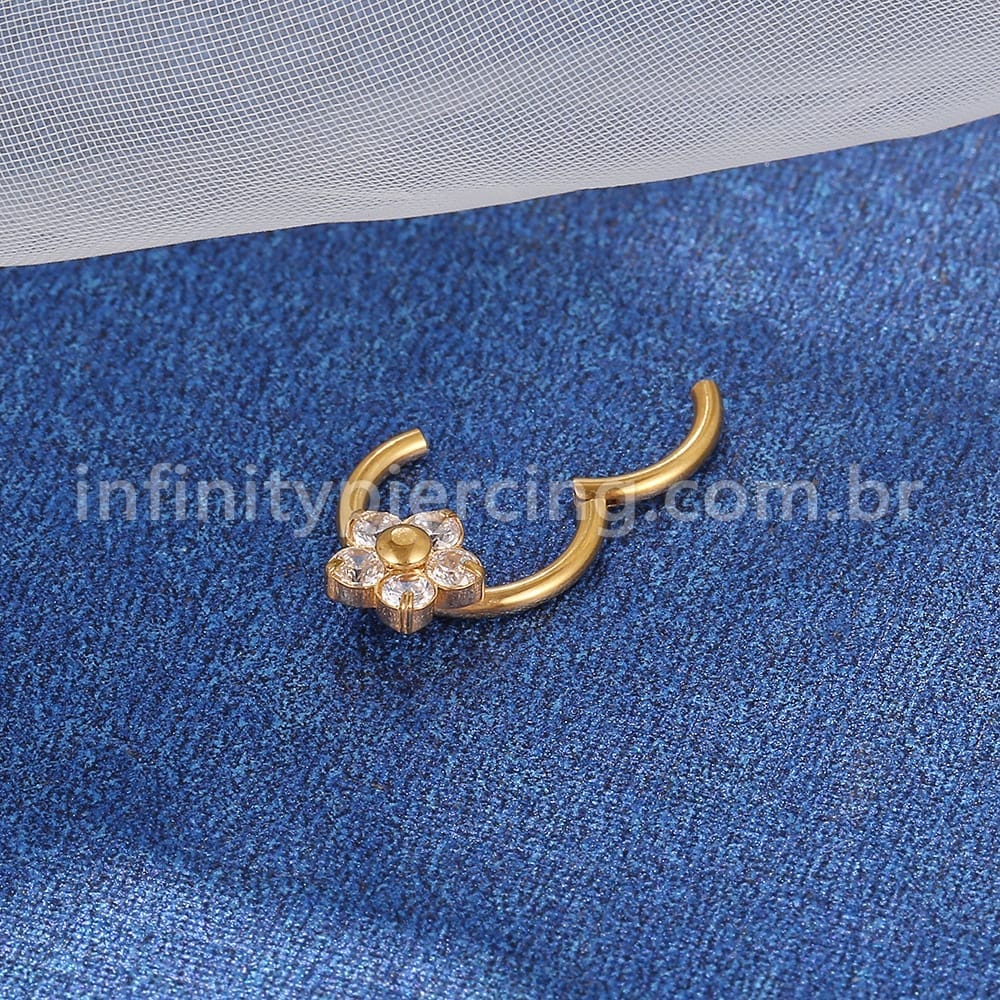 Piercing Argola Aço Cirúrgico Segmento Articulado Flor Zircônia Cravejada