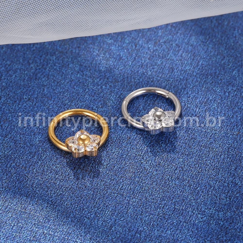 Piercing Argola Aço Cirúrgico Segmento Articulado Flor Zircônia Cravejada