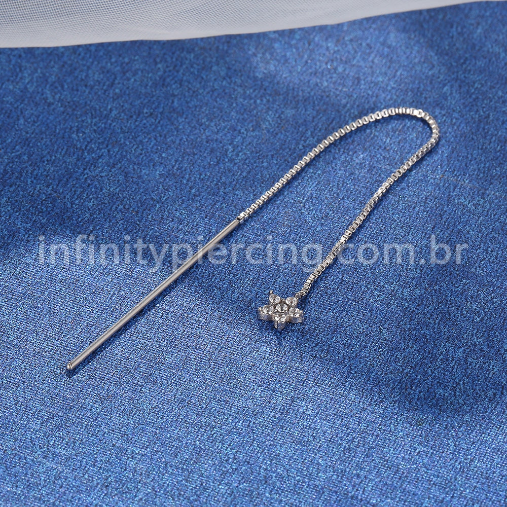 Piercing Palitinho Corrente Aço Cirúrgico Flor 5 Pétalas Zircônia Cravejada