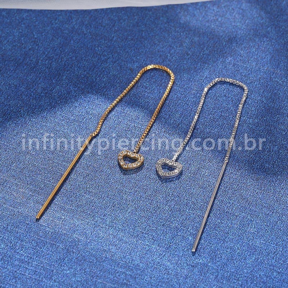 Piercing Palitinho Corrente Aço Cirúrgico Coração Zircônia Cravejada
