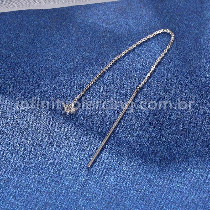 Piercing Palitinho Corrente Aço Cirúrgico Flor 4 Pétalas Zircônia Cravejada