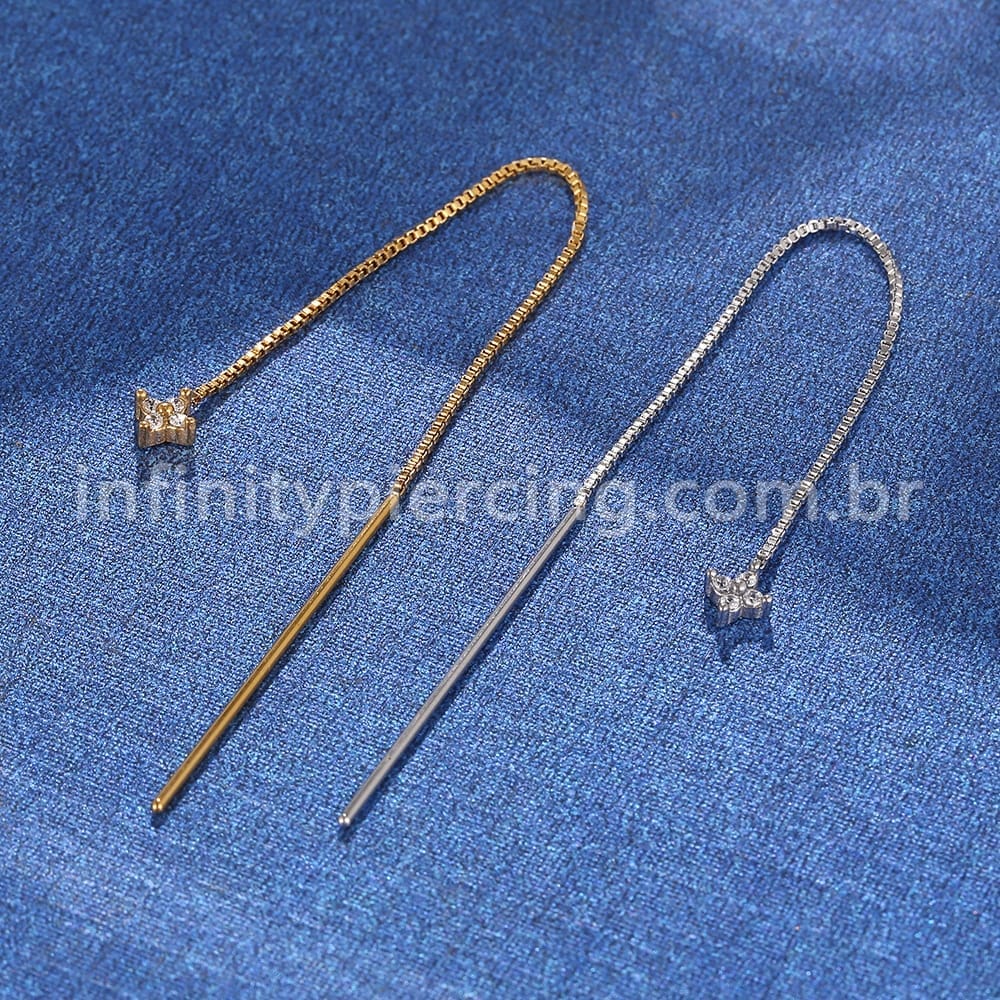 Piercing Palitinho Corrente Aço Cirúrgico Flor 4 Pétalas Zircônia Cravejada