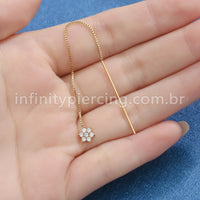 Piercing Palitinho Corrente Aço Cirúrgico Flor 6 Pétalas Zircônia Cravejada