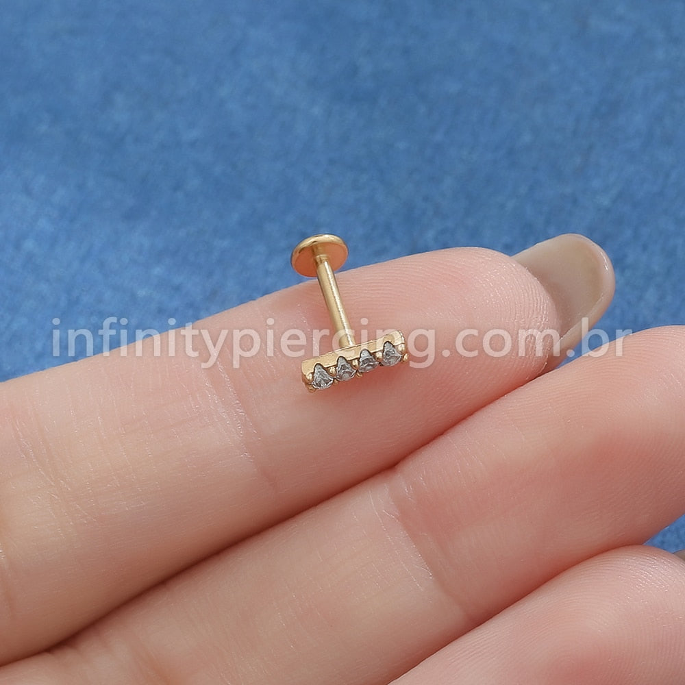 Piercing Labret Aço Cirúrgico Barra 4 Zircônias