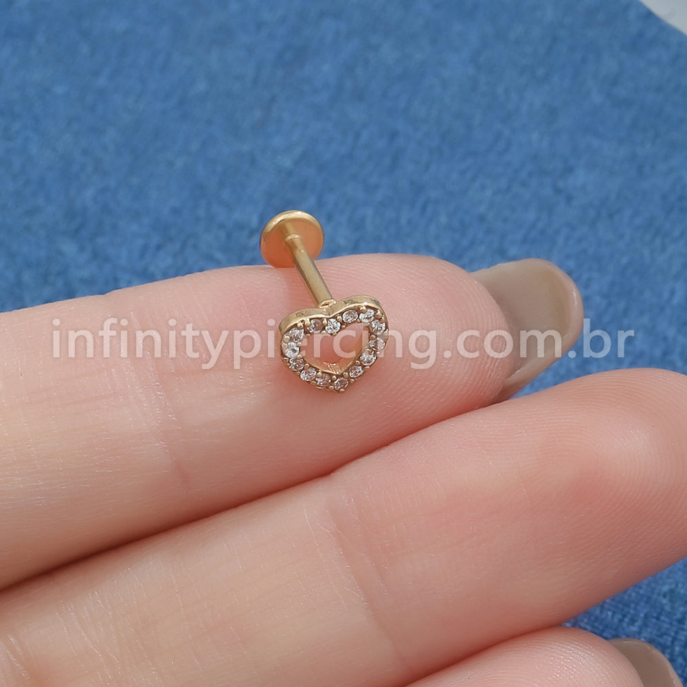 Piercing Labret Titânio Coração Vazado Zircônia Cravejada