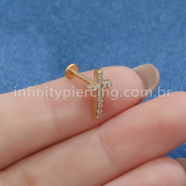 Piercing Labret Aço Cirúrgico Cruz Zircônia Cravejada