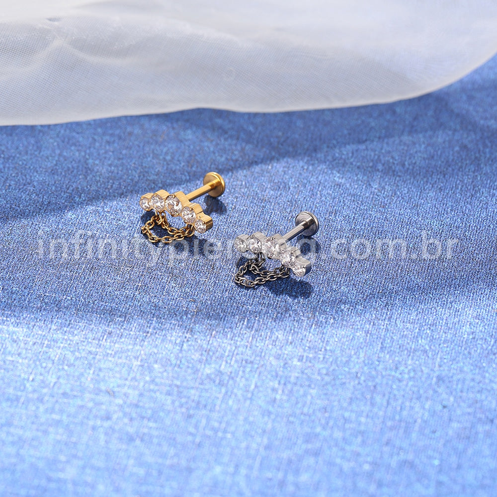 Piercing Labret Titânio Cluster Corrente 5 Zircônias