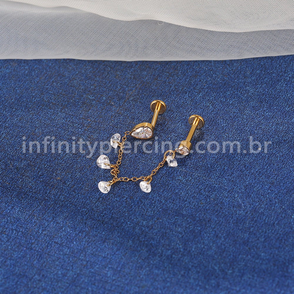 Piercing Labret Titânio Gota Corrente Com Zircônia