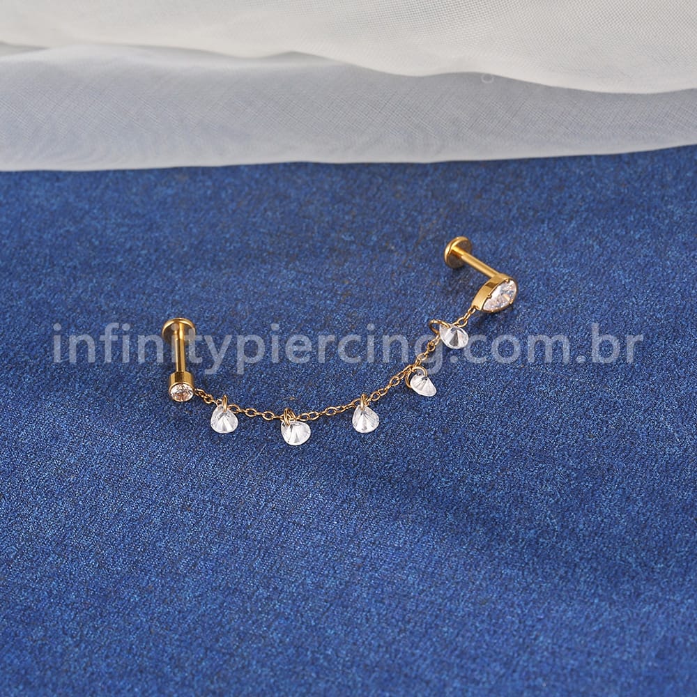 Piercing Labret Titânio Gota Corrente Com Zircônia