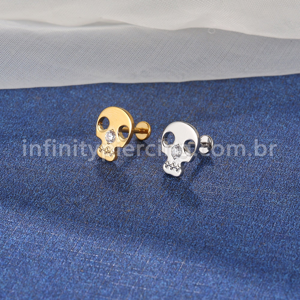 Piercing Labret Aço Cirúrgico Caveira Zircônia