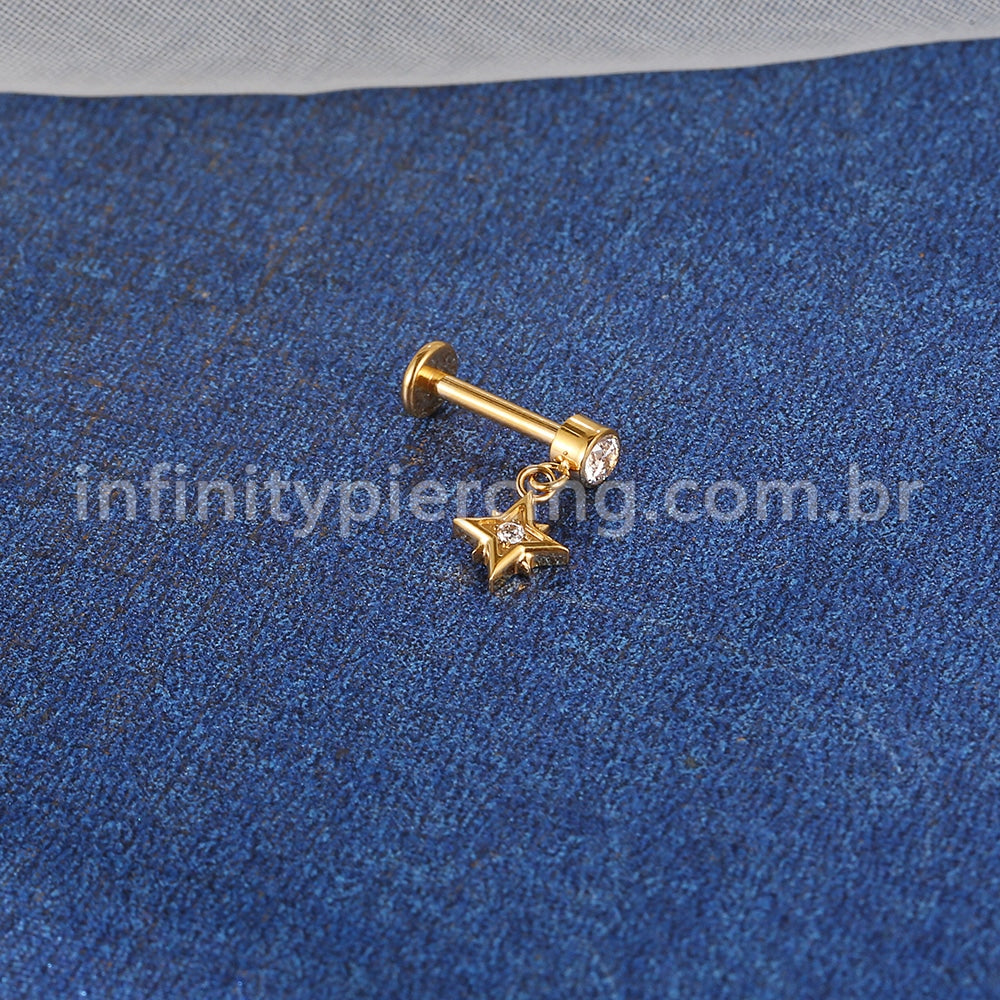 Piercing Labret Aço Cirúrgico Ponto De Luz Com Pingente Estrela