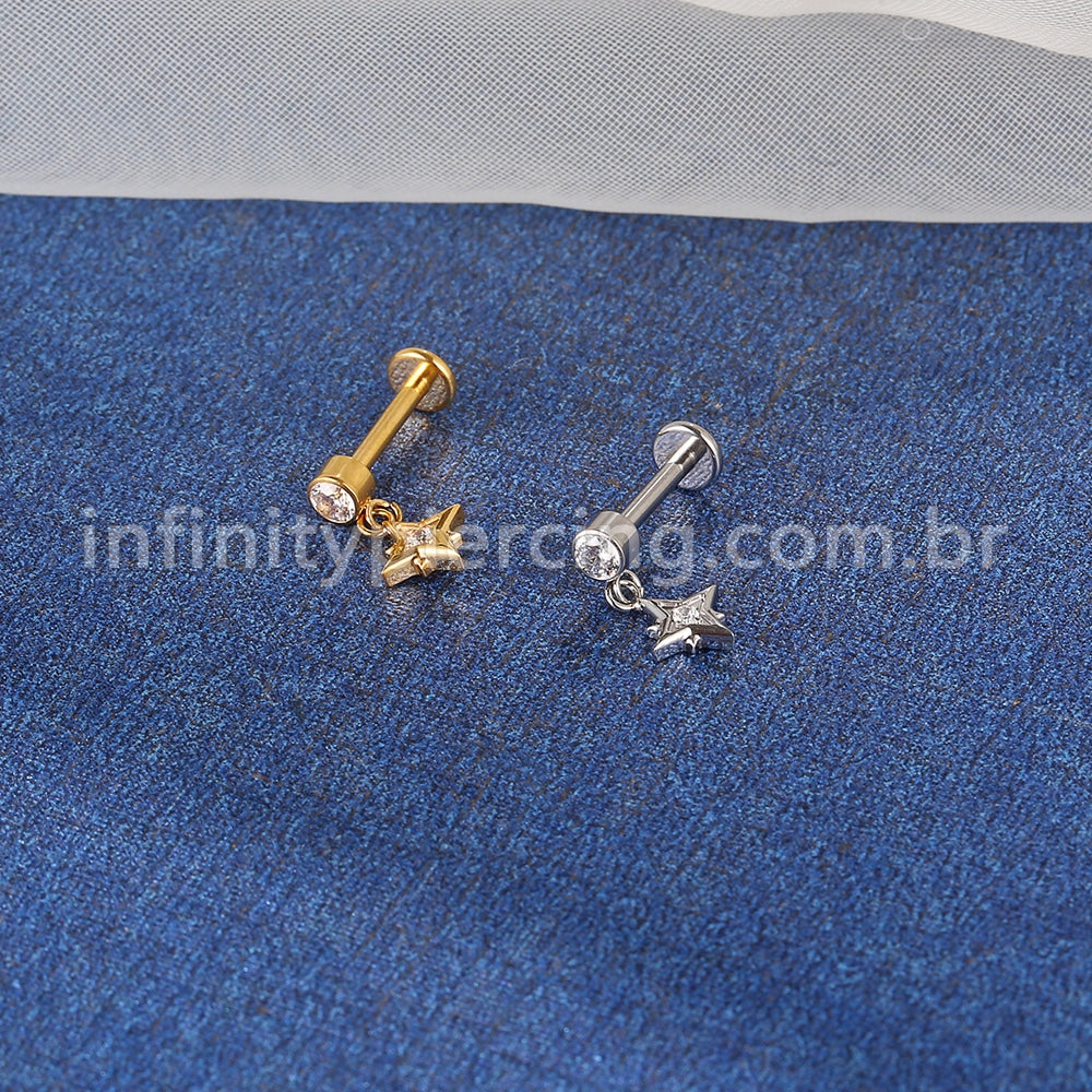 Piercing Labret Aço Cirúrgico Ponto De Luz Com Pingente Estrela