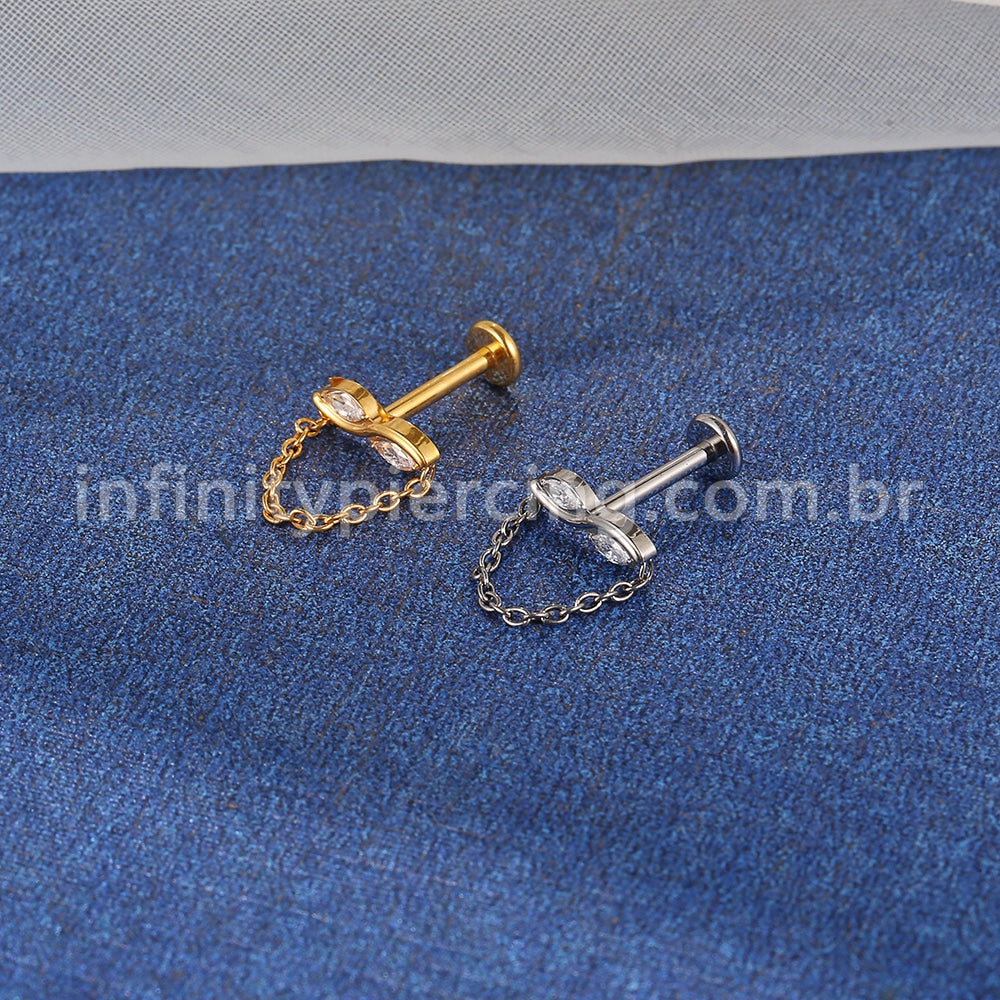 Piercing Labret Titânio 2 Zircônias Com Corrente