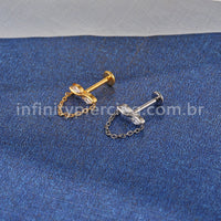 Piercing Labret Titânio 2 Zircônias Com Corrente
