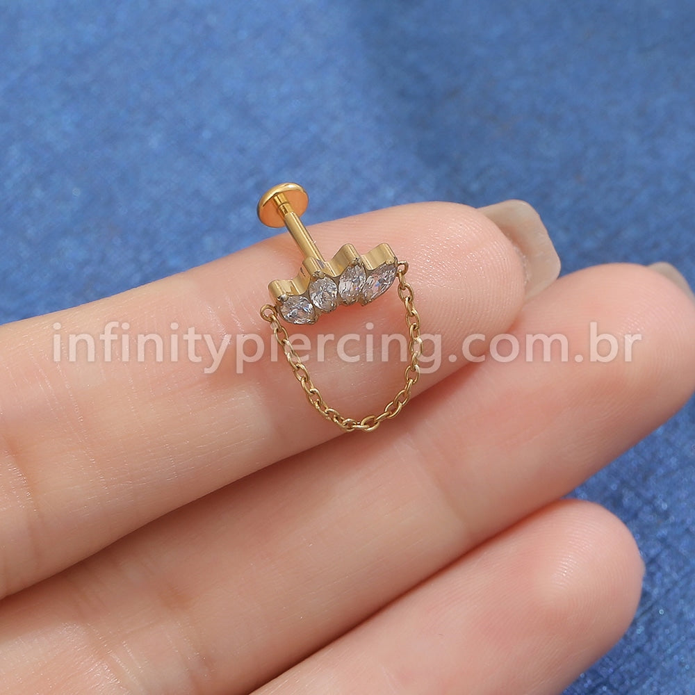 Piercing Labret Titânio Cluster Corrente 4 Zircônias