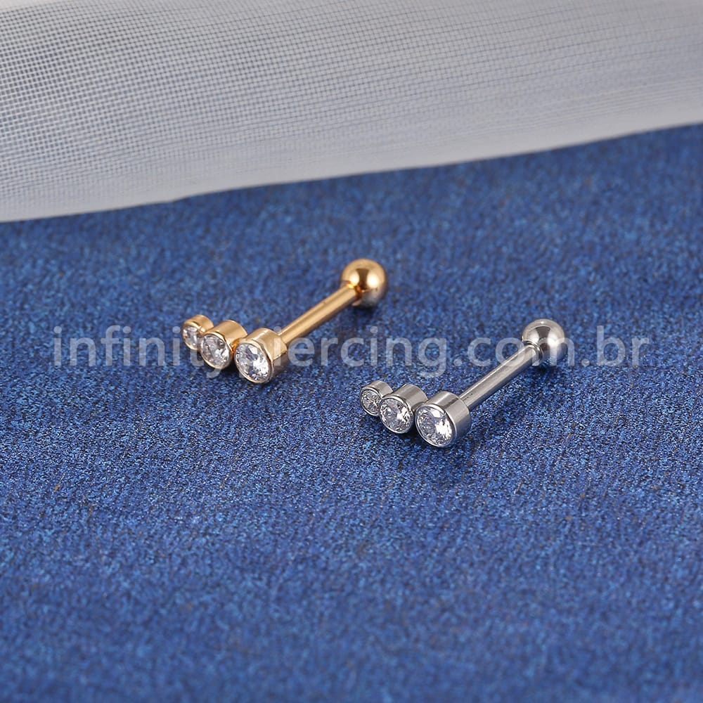 Piercing Minibarbell Aço Cirúrgico Trio Curvo Zircônia Cravada