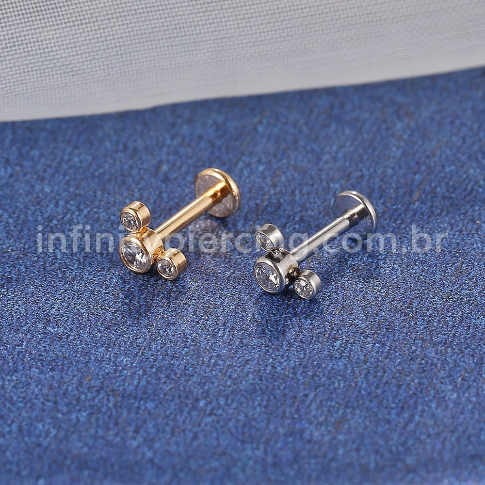 Piercing Labret Aço Cirúrgico Trio Zircônias