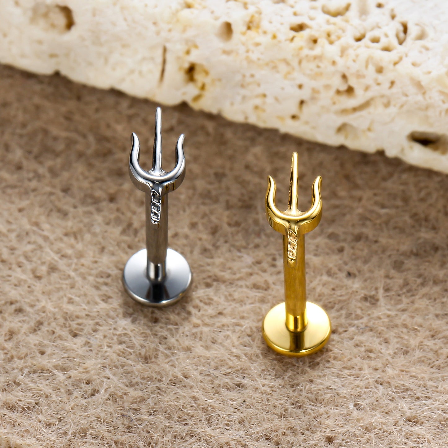 Piercing Labial Tridente Kit Completo Titânio Natural e Dourado