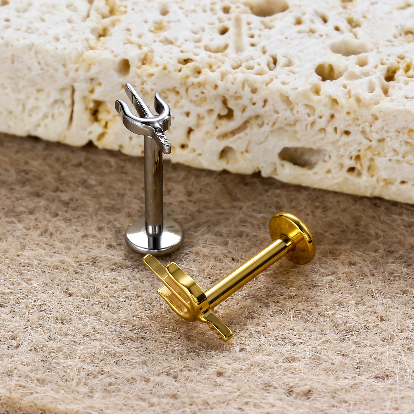 Piercing Labial Tridente Kit Completo Titânio Natural e Dourado