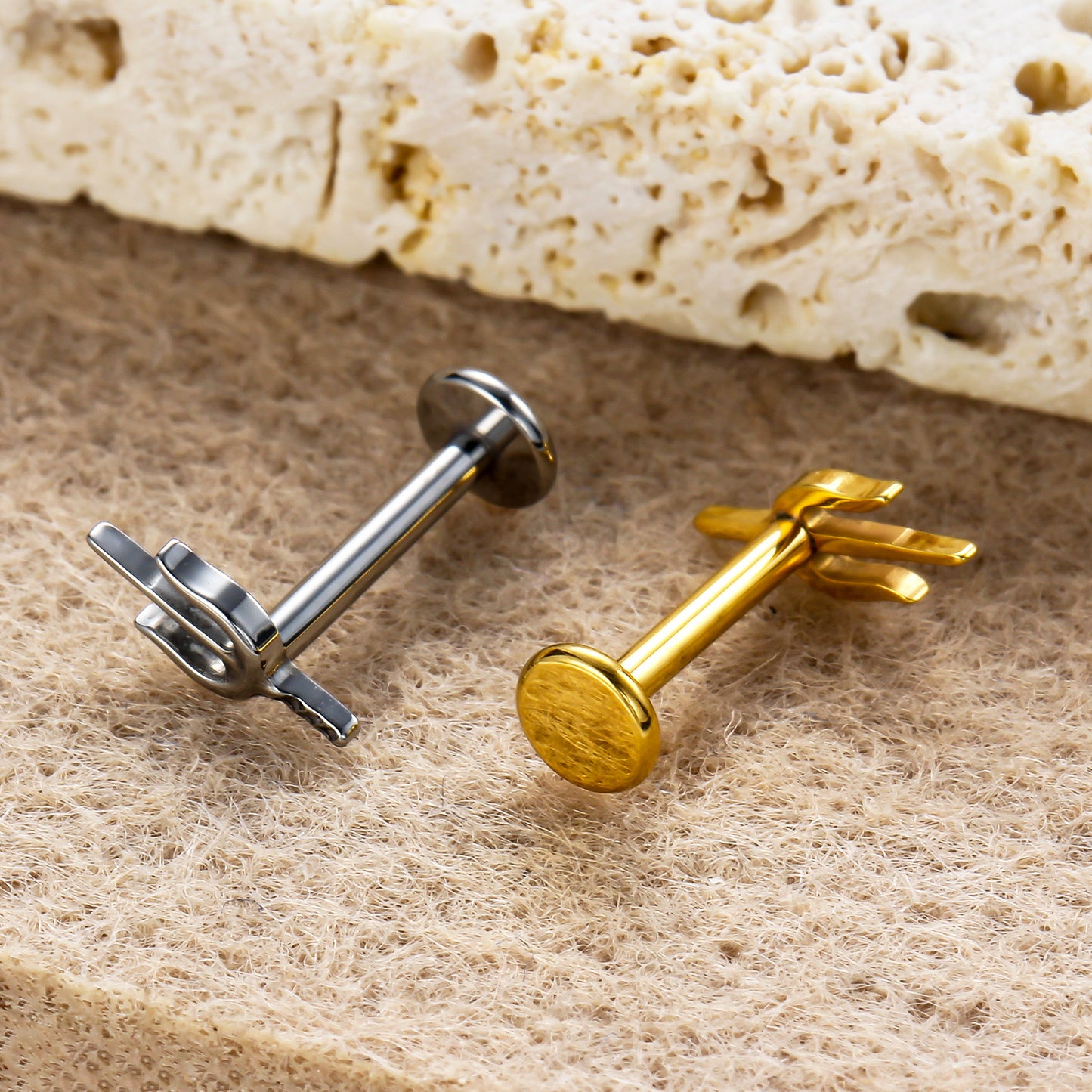 Piercing Labial Tridente Kit Completo Titânio Natural e Dourado