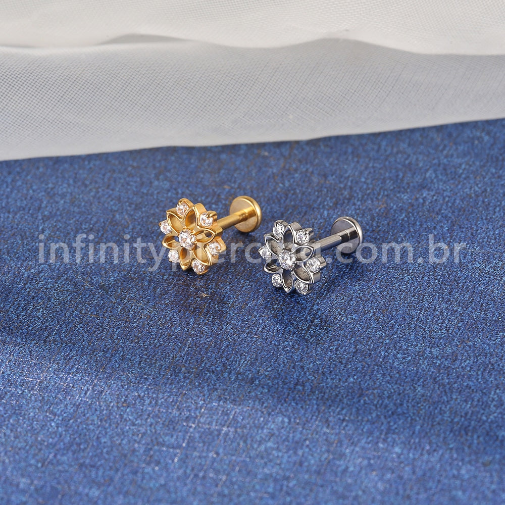 Piercing Labret Titânio Flor Vazada Com Zircônia