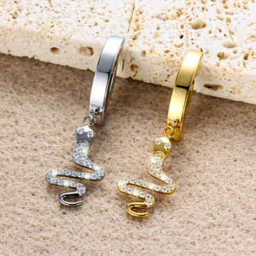 Piercing Umbigo Luxuoso em Titânio G23 Dourado com Pingente de Cobra e Zircônias