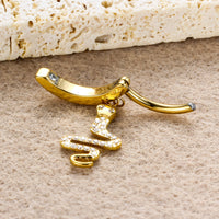 Piercing Umbigo Luxuoso em Titânio G23 Dourado com Pingente de Cobra e Zircônias