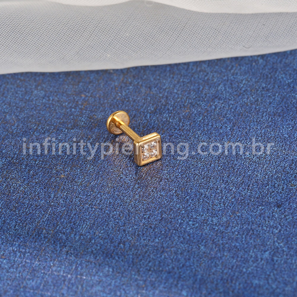 Piercing Labret Aço Cirúrgico Quadrado 4 Zircônias